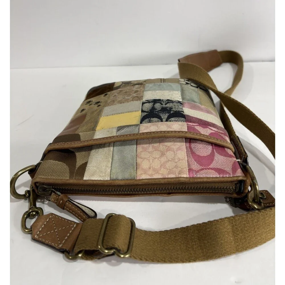 Vtg Coach Signature Patchwork Crossbody Bag Mix Canvas Suede Leather Multicolor